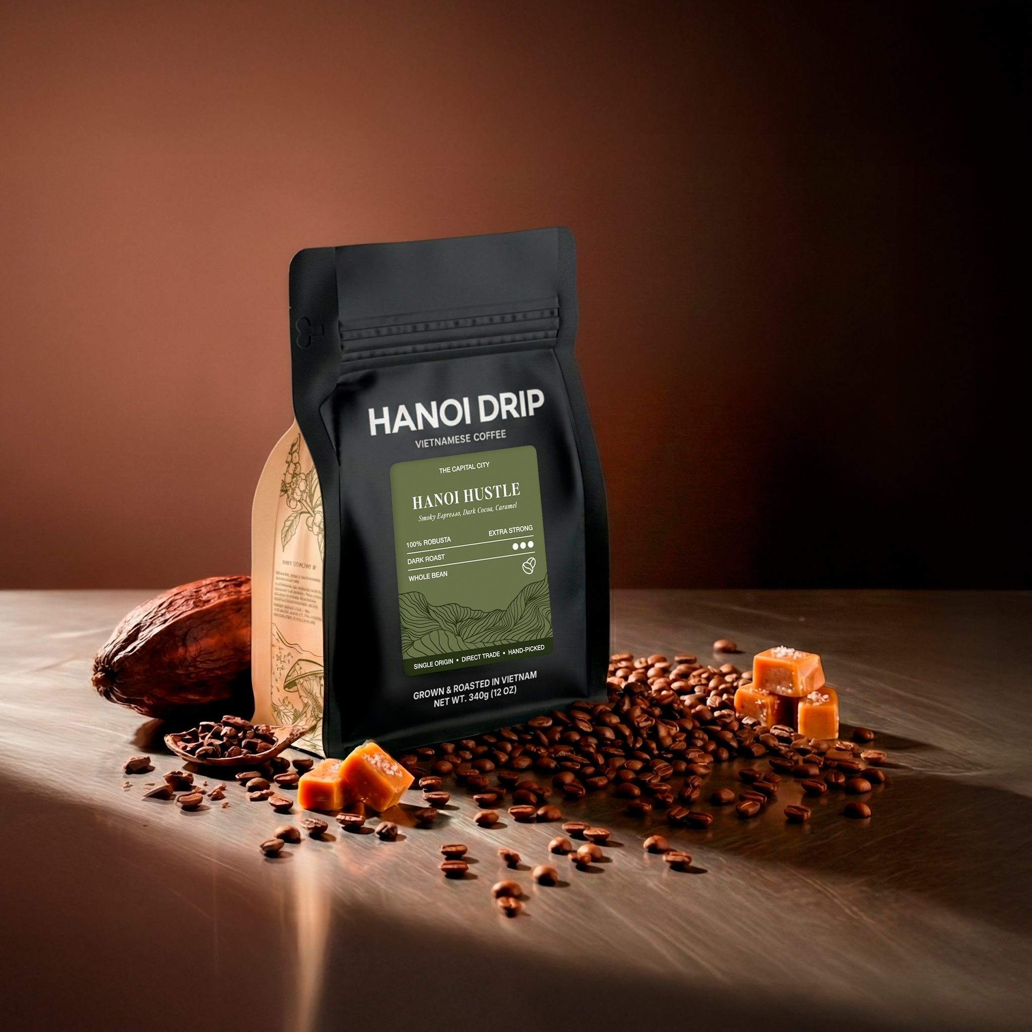 Hanoi Drip coffee bags with scattered beans and cocoa